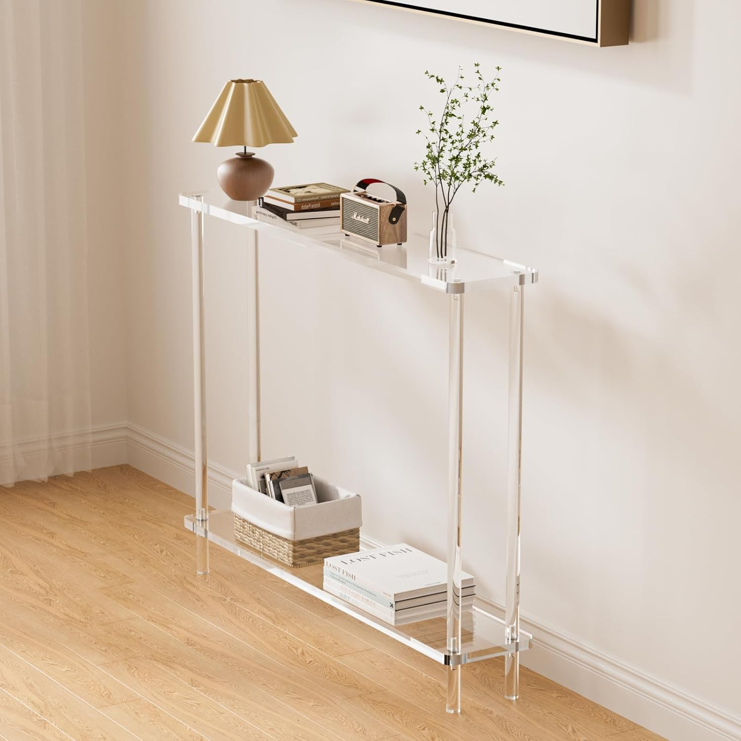 Acrylic Narrow Console Table for Entryway, 7.6" D x 39.4" W x 29.9" H, Square Legs, Skinny Entry Table for Sofa, Foyer, Hallway, Living Room, Modern, 2-Tier, Clear