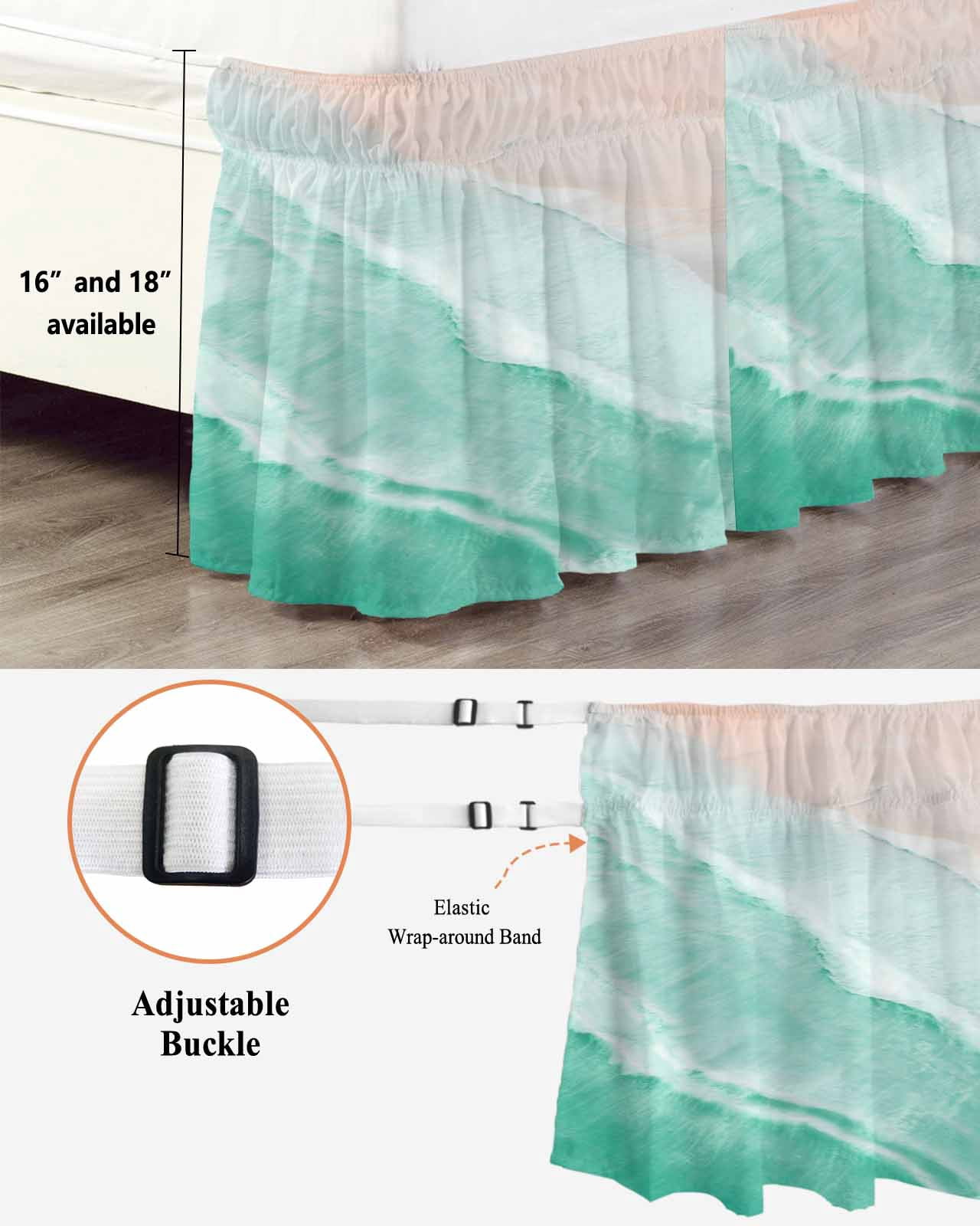 Teal Green Bed Skirt Gradient Sea Waves Sandy Beach Coastal Scenery Bed Skirts Queen Size 16 Inch Drop, Wrap Around Dust Ruffle&nbsp;Bedskirt with Adjustable Elastic Belt for Queen Size Beds