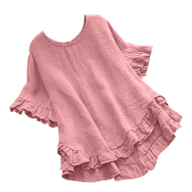 Women Spring Summer Clothing Solid Button Back Ruffled Trim Blouse Casual Short Sleeve Blouse