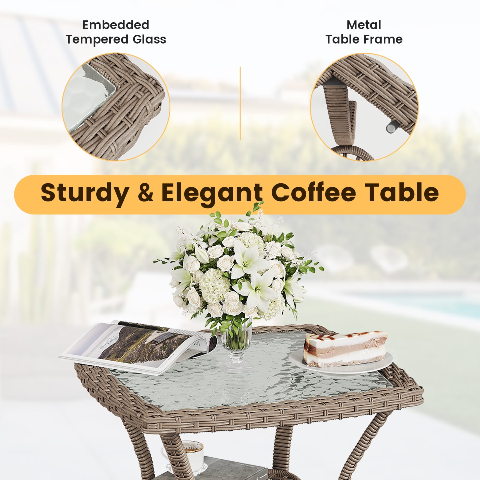 ELPOSUN 3-Piece Patio Furniture Set, Outdoor Wicker Swivel Glider Chair with Glass Top Table and Cushions, Brown