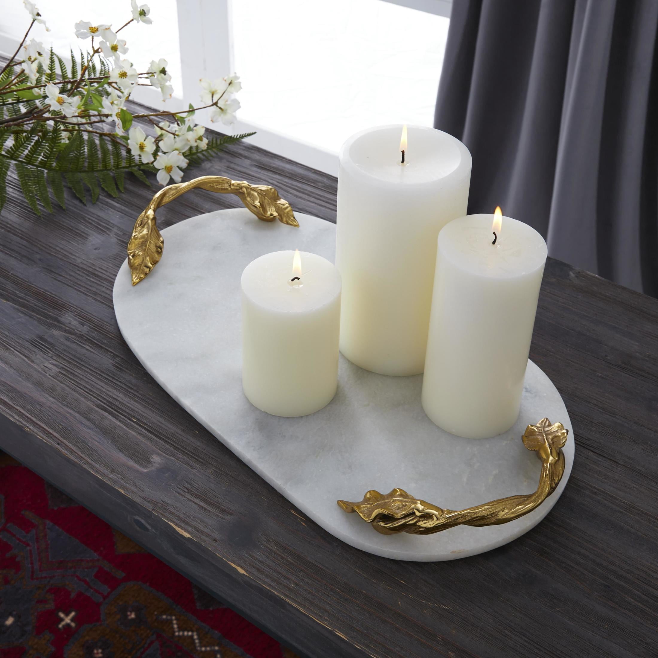 DecMode 20" x 10" White Marble Oval Leaf Tray with Gold Twisted Metal Handles, 1-Piece
