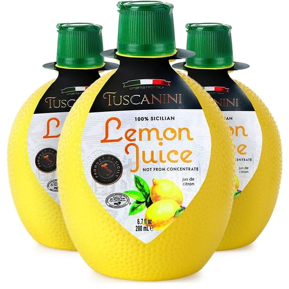 Tuscanini 100% Sicilian Lemon Juice, Not from Concentrate, 6.7oz Lemon Shaped Squeeze Bottle 3 Pack No Water Added Product of Italy Certified Kosher Including Passover
