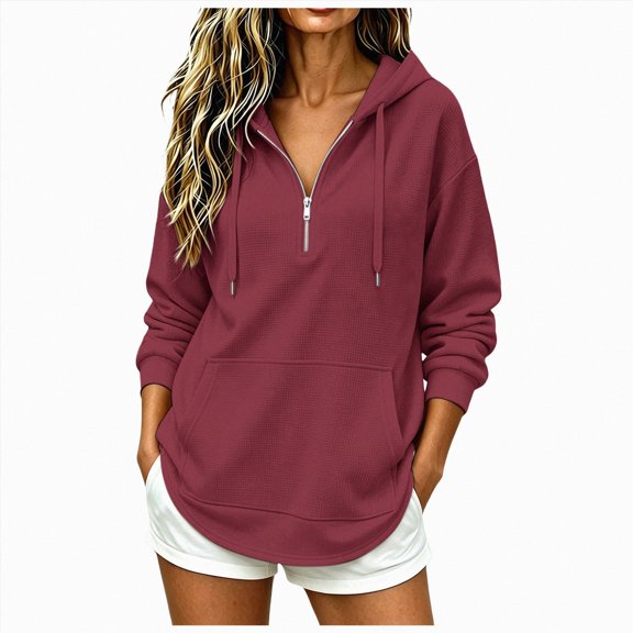 NOLDARES Womens Zip Up Hoodies Half Zip Pullover Fall Winter Oversized Workout Sweatshirts Y2k Zipper Jackets With Pockets(Wine,XL)