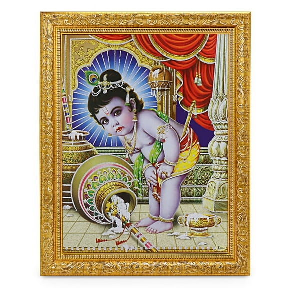 Bm Traders Makkhan Goplal Zari Print Photo In ArtWork Golden Frame (11 x 14 Inch)OR(27.94 X 35.56 Cm) Religious Gifting