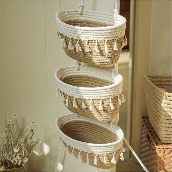 Boho Woven Over Door Hanging Basket Organizer 3-Tier Cotton Storage for Entryway, Kitchen, Laundry