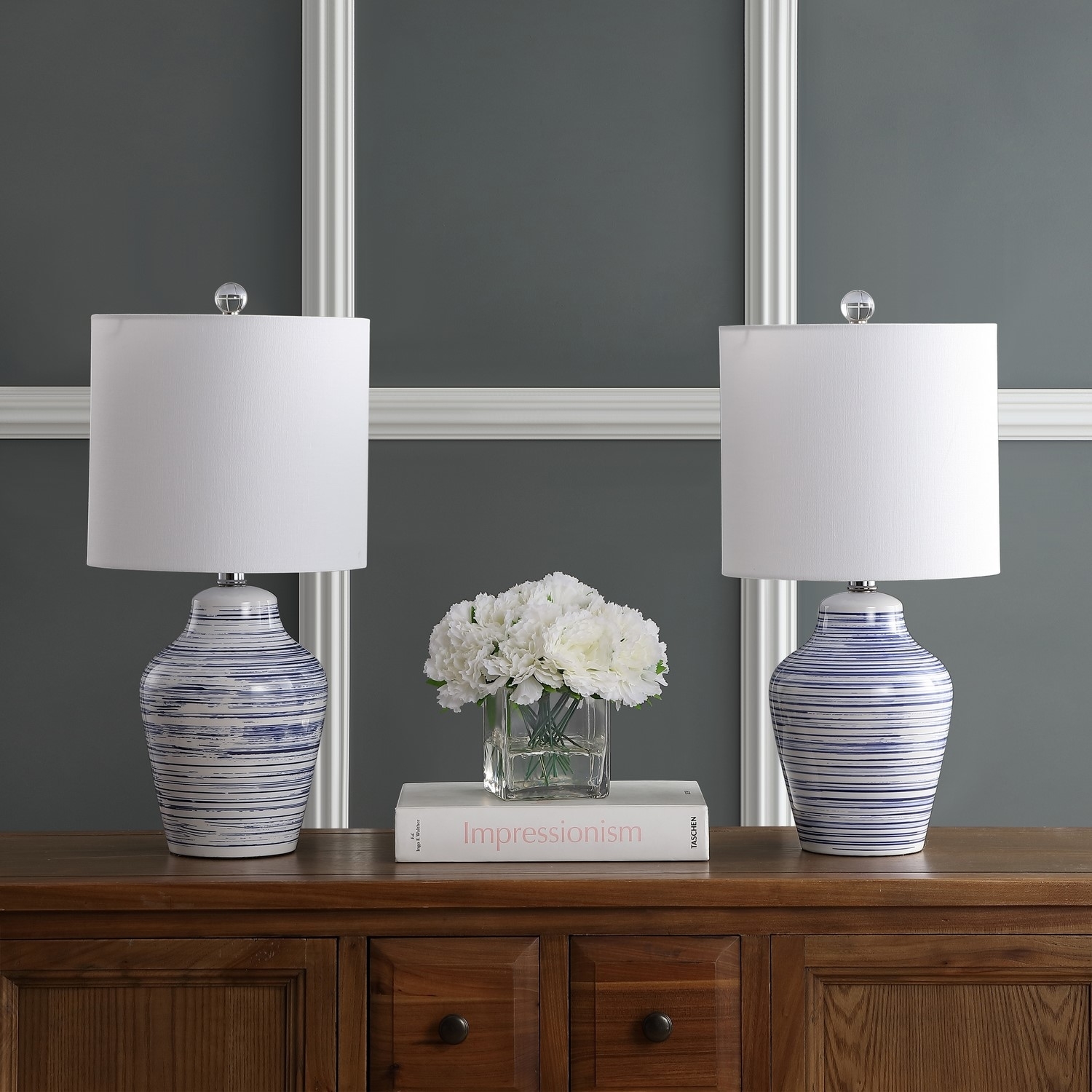 white and blue table lamp