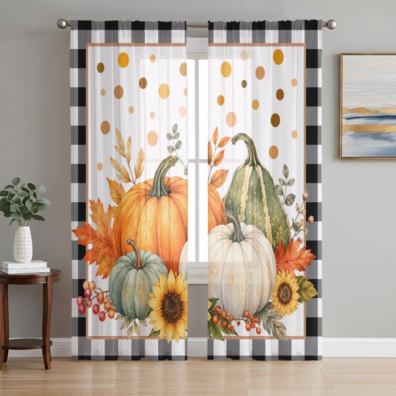 Pumpkins Fall Sheer Curtains 96 Inch Length 2 Panels Set, Thanksgiving Berry Sunflower Checkered Voile Window Treatment Semi Sheer Long Curtains Drapes for Bedroom/Living Room/Kitchen 52"x96"x2