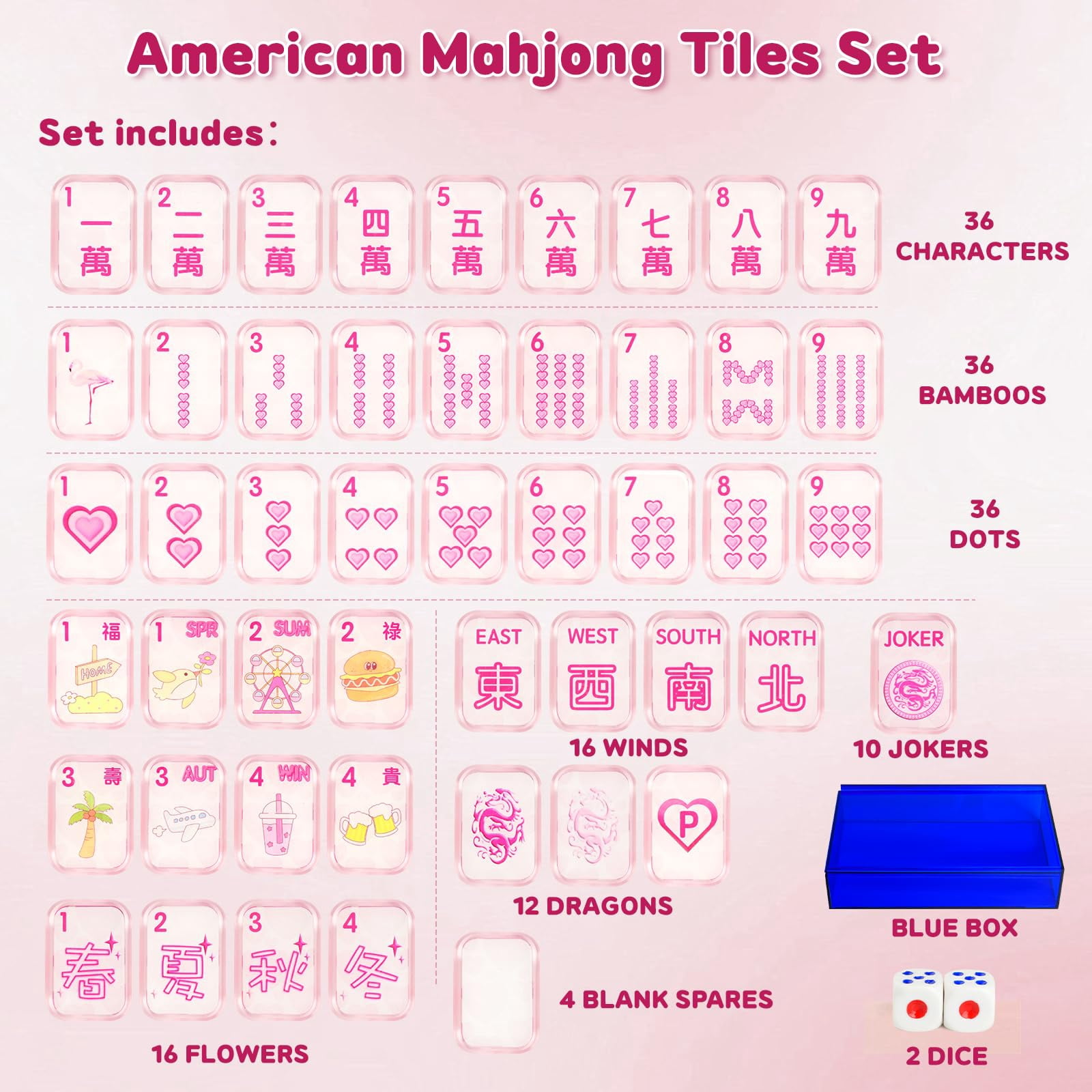 Pink "Love" Mahjong Set | 166 Transparent Tiles (1.18") with Heart Accents, 2 Dice & Blue Case | Complete Game