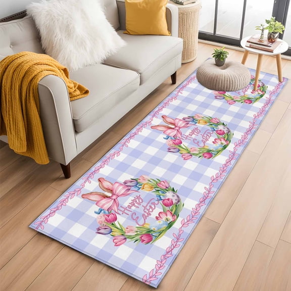 Happy Easter 2'x6' Runner Rugs for Hallway Kitchen Bedside Non Slip, Rabbits Bows Spring Tulips Eggs Purple Plaid Entryway Rug Runners with Rubber Backing, Long Carpet Runner for Laundry Room
