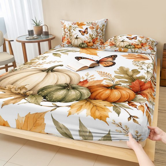 King Size Fitted Sheet Set - Pumpkins Fall 3 Piece Bedding Sets 16" Deep Pocket Fitted Sheet with 2 Pillowcases, Thanksgiving Butterfly Leaves Berry Brushed Microfiber Hotel Luxury Bed Sheets