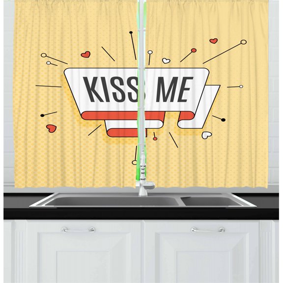 Ambesonne Kiss Me Kitchen Curtains, Retro Love Message, 55"x39", Orange Pale Yellow Grey