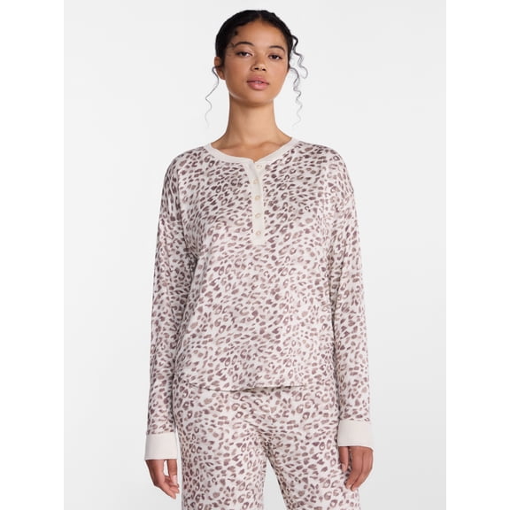Joyspun Women's Cozy Lounge Collection Hacci Long Sleeve Henley Sleep Top, Sizes XS to 3X