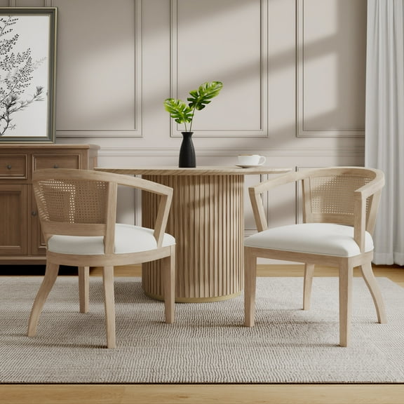 Christopher Knight Home Upholstered Dining Arm Chairs with Rubberwood Cane Web Back, Natural Cream, Set of 2