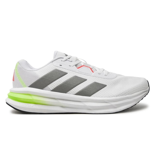 tenis adidas galaxy 7 para hombre. id8759 blanco 25.5 Perfil lateral derecho de tenis de running blancos con tres franjas grises, parte superior textil de malla y cordones; forro textil y mediasuela Cloudfoam blanca con acento verde neón en el talón, suela de goma negra. Ideales para entrenamiento y carreras cortas.