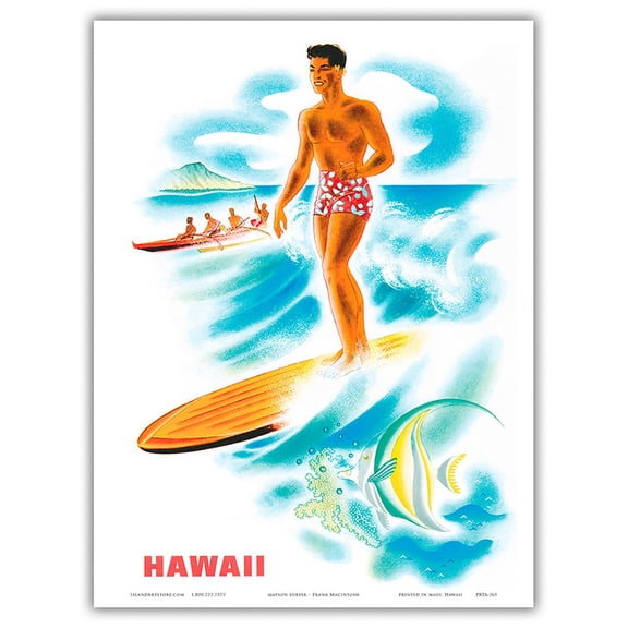 Hawaiian Surfer and Outrigger Canoe - Hawaii - Vintage Travel Poster by Frank Macintosh c.1940s - Master Art Print (Unframed) 9in x 12in