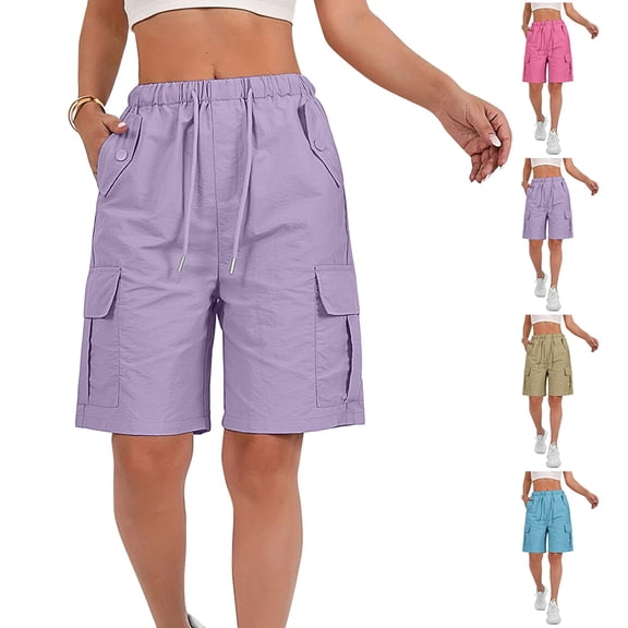 HKYNLAG Women's Bermuda Short Casual Multi-Pockets Bermuda Cargo Shorts Solid Classic Knee Length Summer Hiking Shorts Khaki S