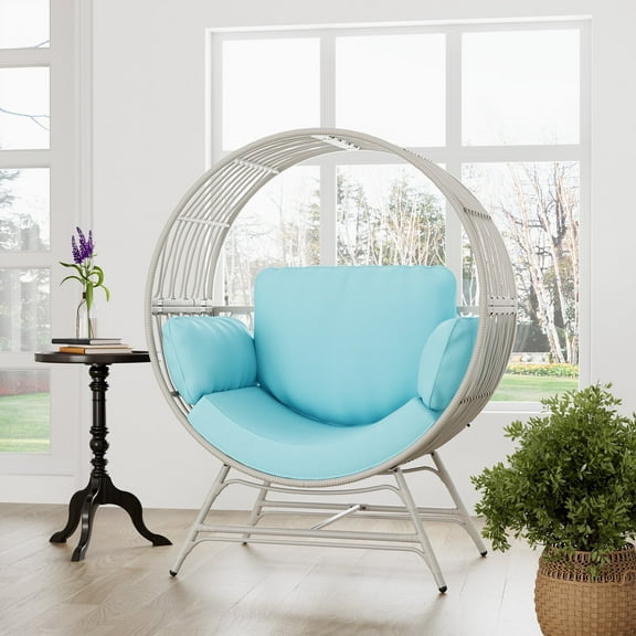 Wicker Round Egg Chair, Oversized Indoor Outdoor Lounger for Patio Living Room, w/ 4 Cushions, Steel Frame, 330lbs Capacity(BE-BL)