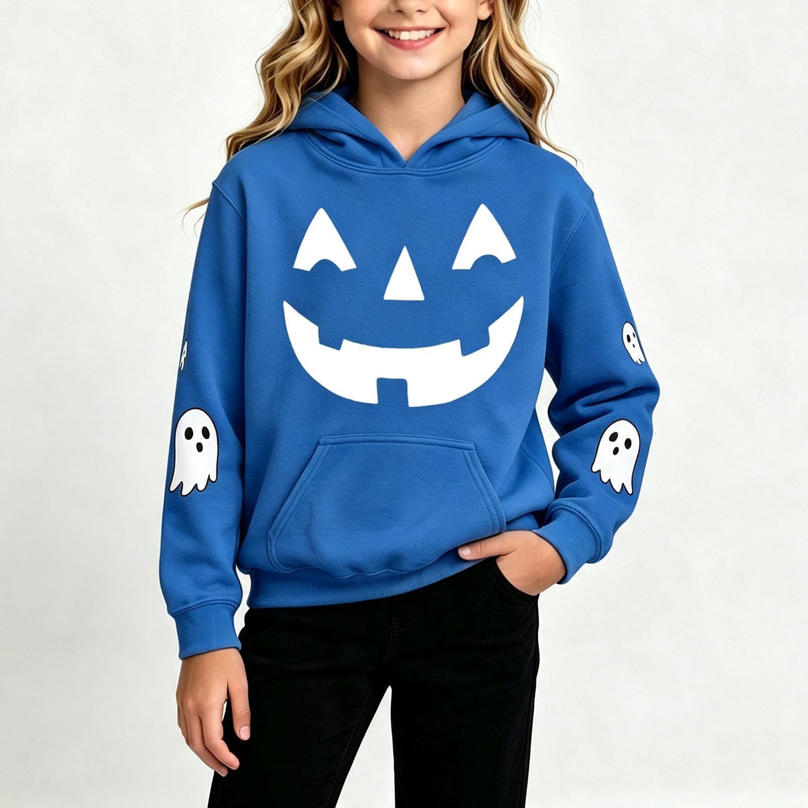 LUGOGNE Boys Girls Halloween Hoodie Pumpkin Face Ghost Print Long Sleeve Pullover Hooded Sweatshirts Blue 7-8Years