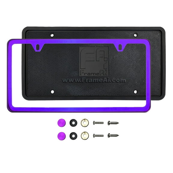 KA Depot Silicone Back Guard Two Holes Slim License Plate Holder Purple Chrome Mirror License Plate Frame T304 Stainless Steel Metal Screw Caps
