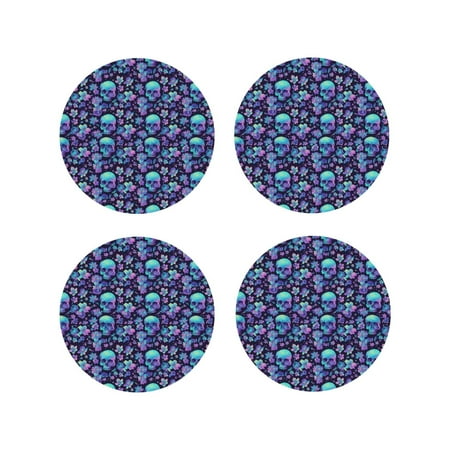 

Junzan Blue Flower Skull Print Coasters for Drinks - Leather Coasters Set of 4 for Coffee Table for Housewarming/Kitchen/Bar/Decor-Round Shape