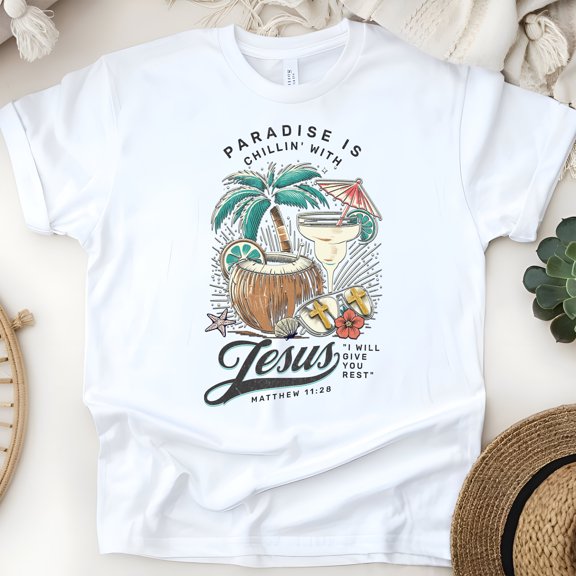 Paradise Is Chillin’ with Jesus T-Shirt – Matthew 11:28 Bible Verse Summer Tee, White, Size S