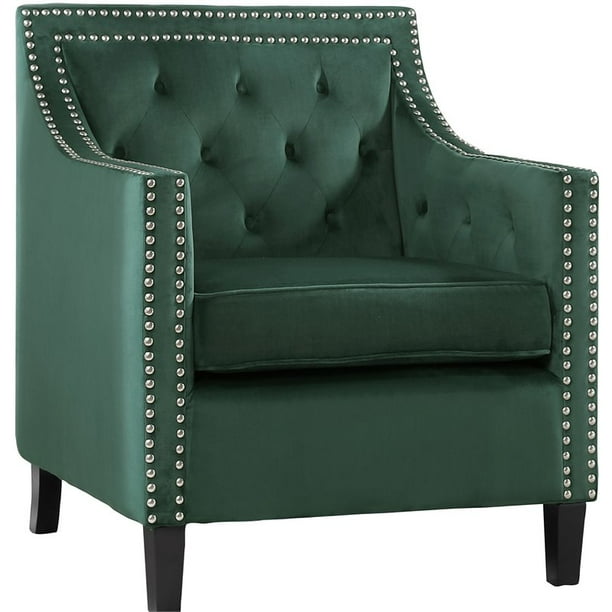 Pemberly Row Traditional Wood Accent Chair in Forest Green Velvet