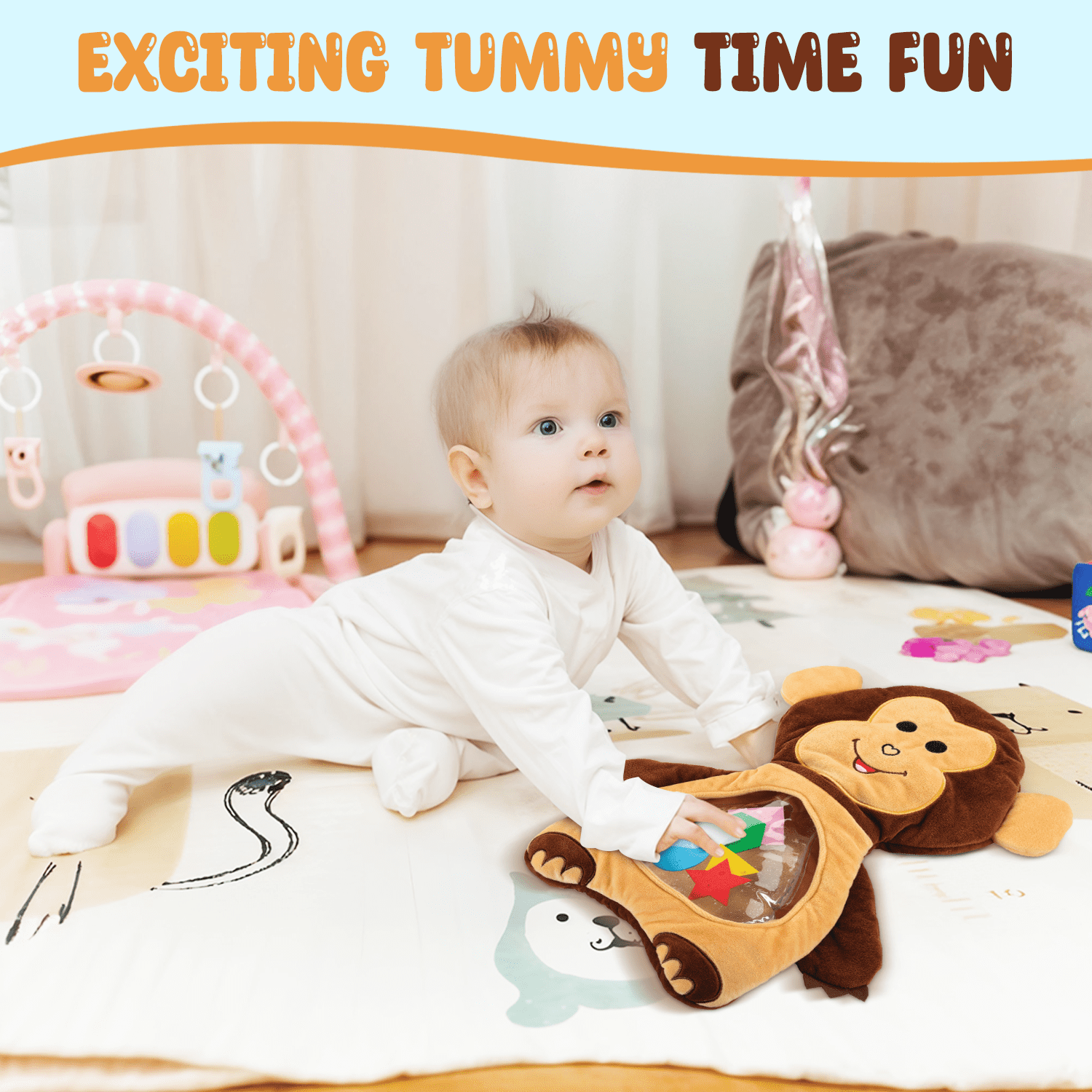 Bundaloo Monkey Tummy Time Water Play Mat for Babies, Soft Plush Sensory Activity Toy with Floating Shapes, Removable Water Pouch, Machine Washable, for Infants 6 Months and Up