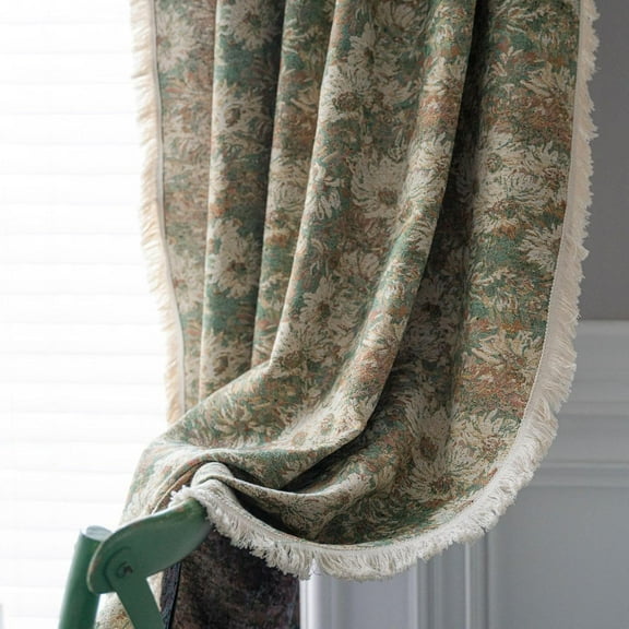 Vireellx Rustic Pastoral Curtain, Floral Curtains for Bedroom, Semi-Blackout Curtain with Rod Pocket, Washable Curtains with Tassels for Home Decor