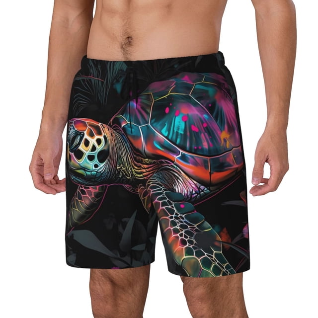 Lsque Colorful Plant Turtle A Pattern Mens Swim Trunks- Bathing Suit Compression Liner - Beach Swim Shorts Swimwear - (S-3XL) - Stretch Quick Dry-Large