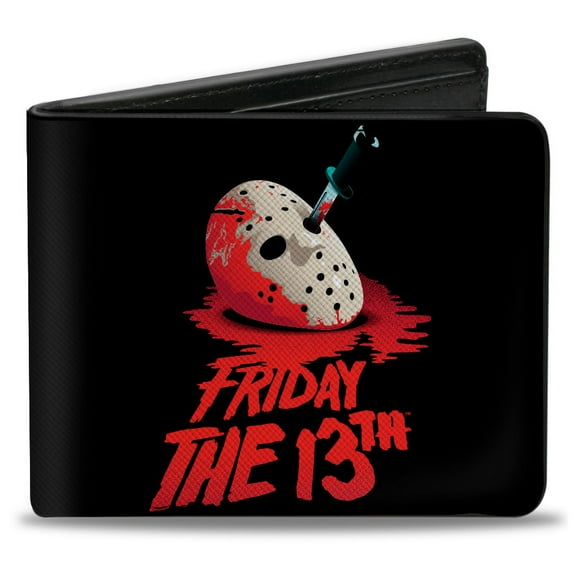 Warner Bros. Horror Movies Wallet, Bifold, Friday the 13th Vintage Jason Mask Poster Black Red, Vegan Leather