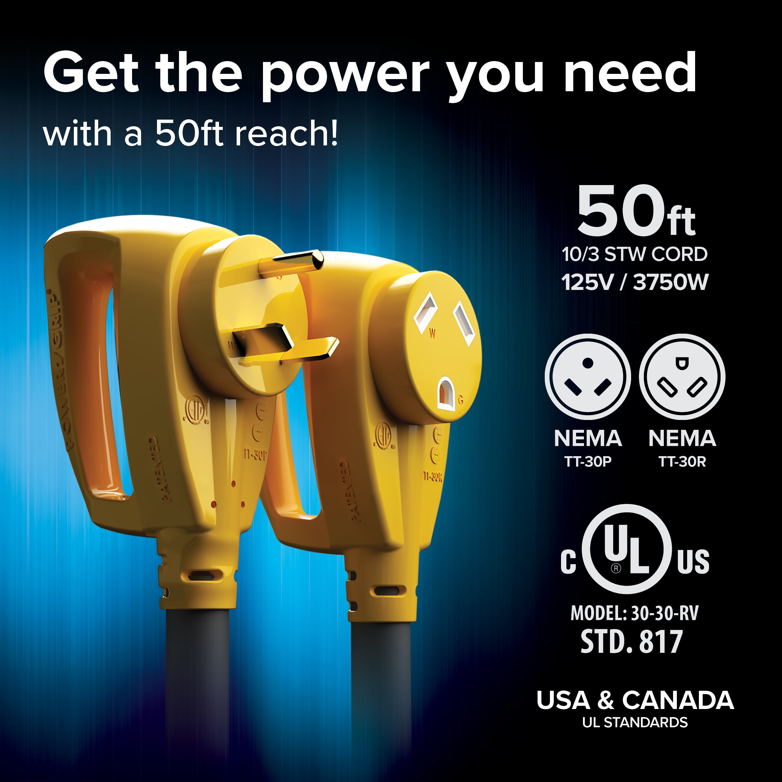 Camco Power Grip 30-Amp RV Extension Cord/Level 1 EV Charger, 50' Length (55197)