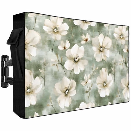 Vintage Magnolia Outdoor TV Cover 60 to 65 inch White Blooming Flower Green Oil Painting Waterproof Dustproof TV Covers for Outside with Zipper Remote Control Pocket Flat Screen Protectors