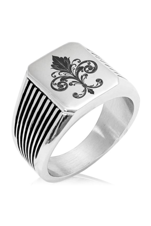 Stainless Steel Ornate Fleur De Lis Needle Stripe Pattern Biker Style Polished Ring