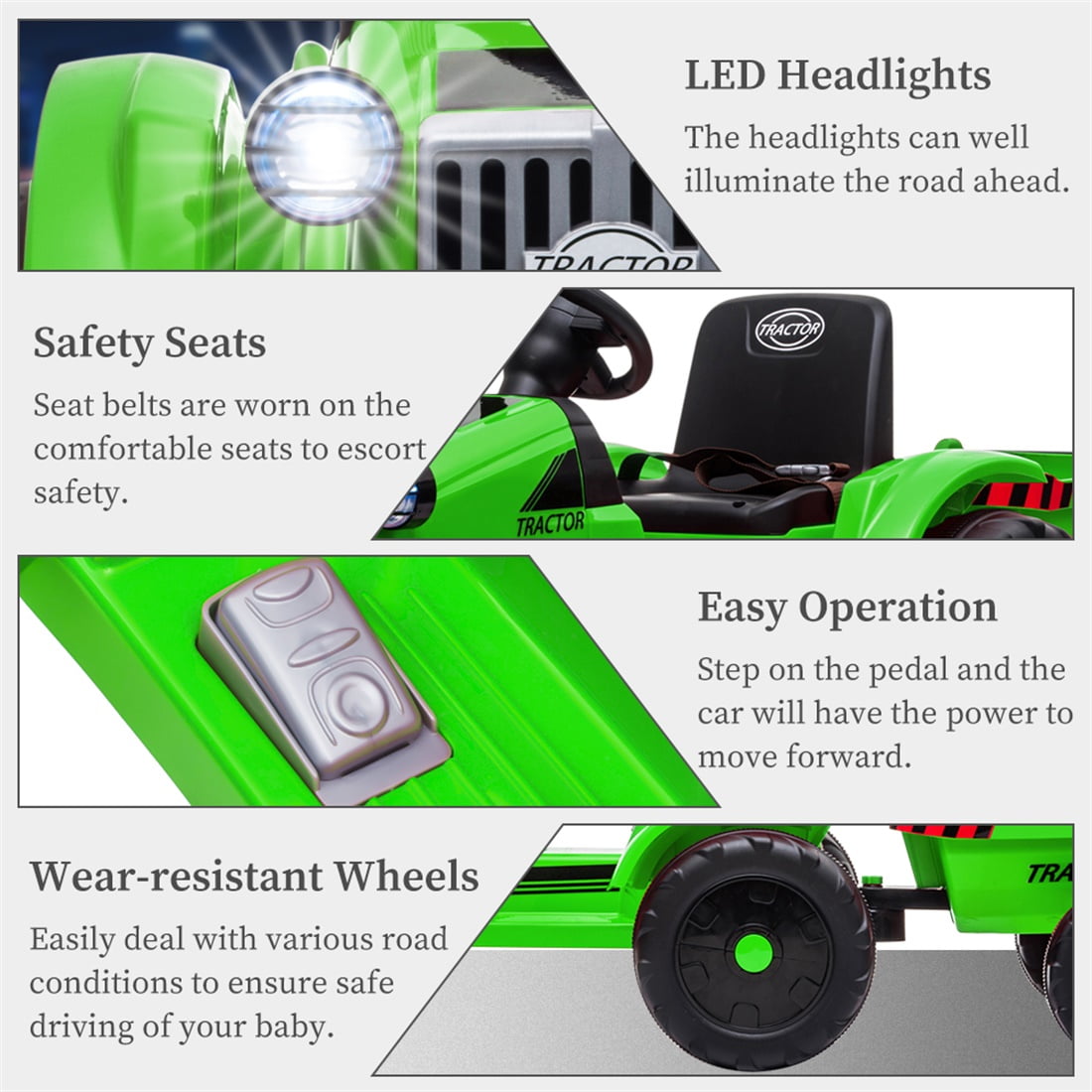 Ride on Tractor, Battery-Powered Toy Tractor with Trailer, 3-Gear-Shift Ground Loader Ride On with LED Lights and USB&Bluetooth, Green Ride on Tractor, Battery-Powered Toy Tractor with Trailer, 3-Gear-Shift Ground Loader Ride On with LED Lights and USB&Bluetooth, Green