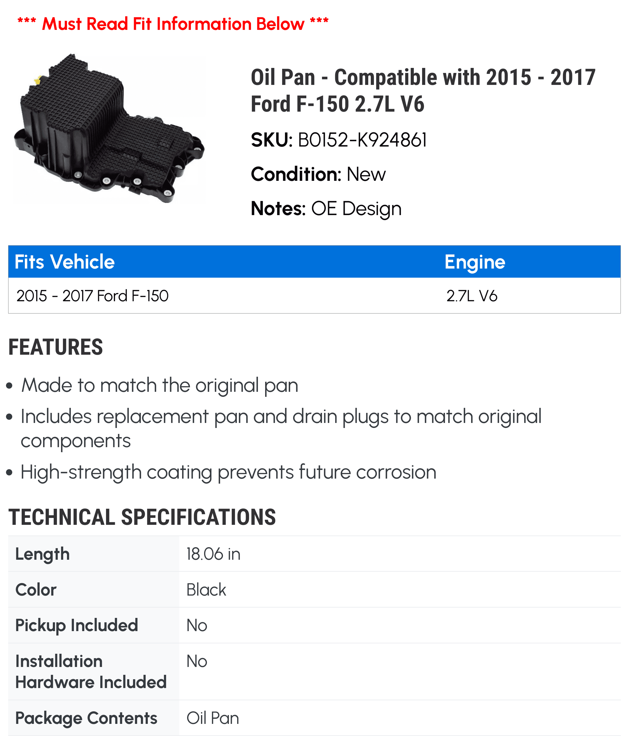 Oil Pan - Compatible with 2015 - 2017 Ford F-150 2.7L V6 - Dorman
