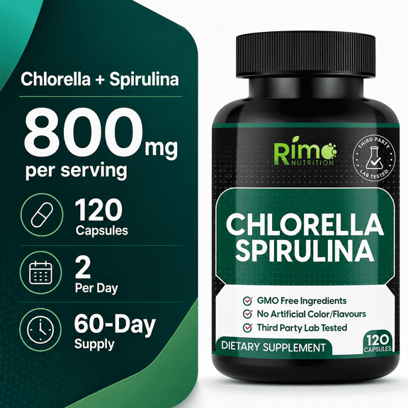 Rimo Nutrition Spirulina and Chlorella Capsules 1000 mg per Serving 1 Count