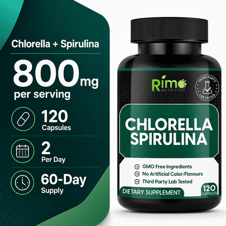 Rimo Nutrition Spirulina and Chlorella Capsules 1000 mg per Serving 1 Count