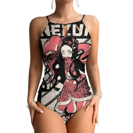 Demon Slayer Kamado Nezuko Womens Swimsuit One Piece Summer Swimwear High Neck Tummy Control Bathing Suit Mesh Beachwear