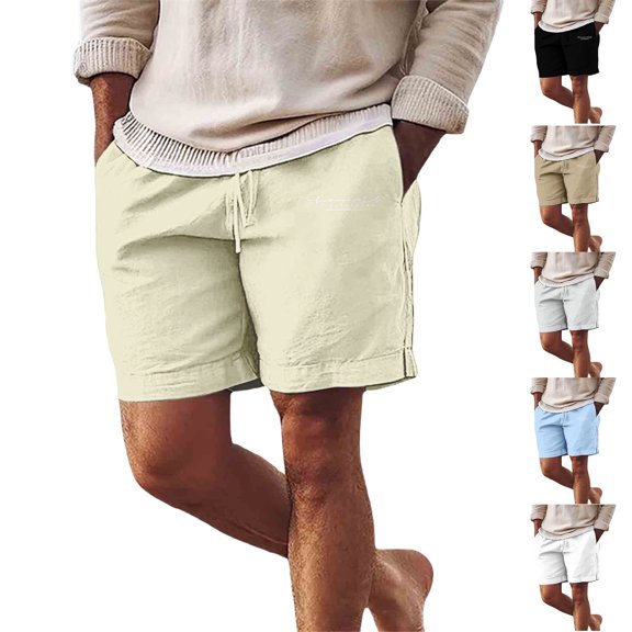 Mens Casual Cotton Linen Casual Elastic Waist Drawstring Lightweight Summer Beach Vacation Yoga Golf Shorts with Pockets Beige L