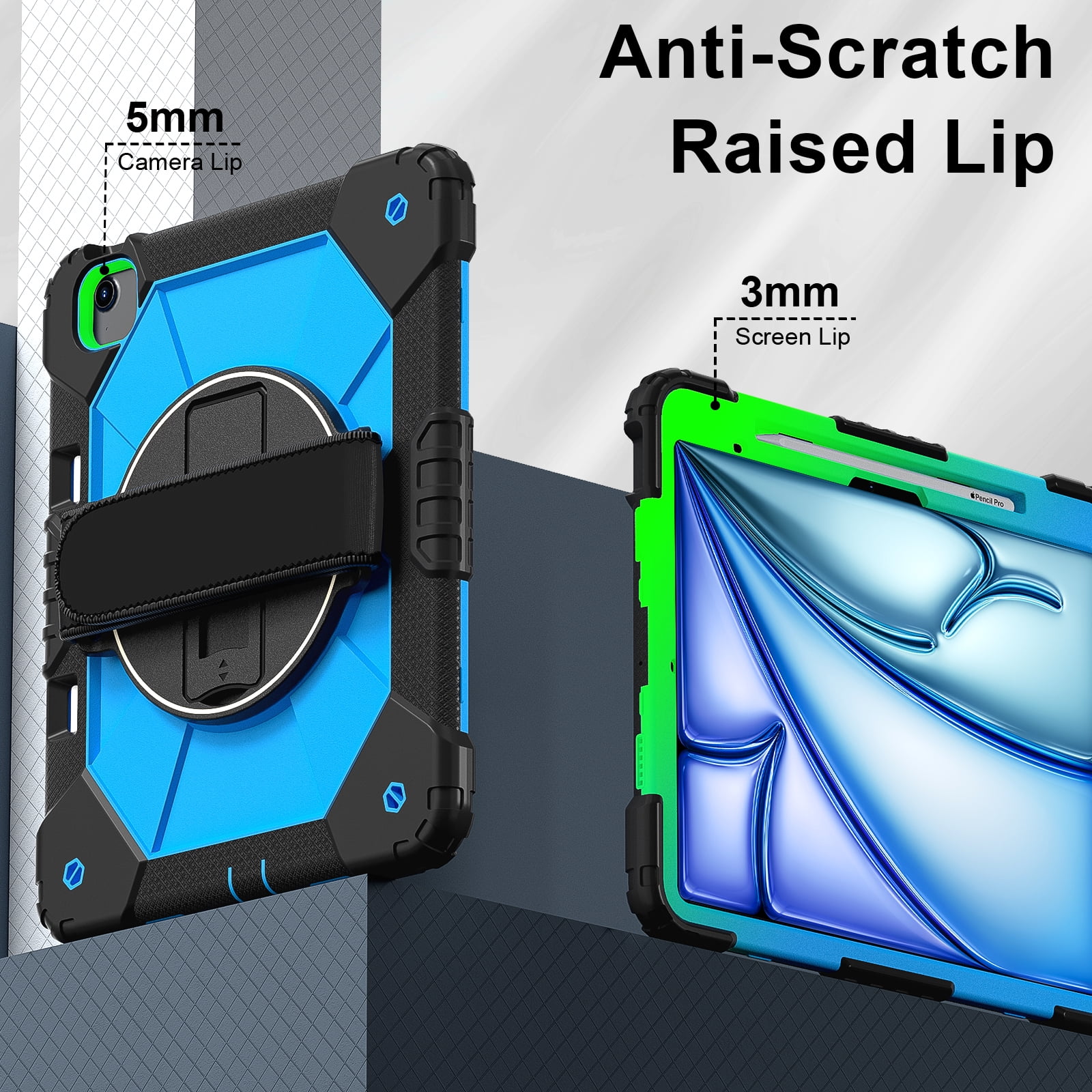 Dteck Case for iPad Air 13 inch 2025/2024 (M3/M2) with Pencil Holder, Shockproof Silicone + PC 3 Layer Protection Case Heavy Duty 360° Rotating Hand Strap Kickstand Cover,Black+Blue