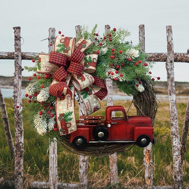Decoraciones colgantes navideñas, 15 en corona redonda de camión rojo para casa de campo