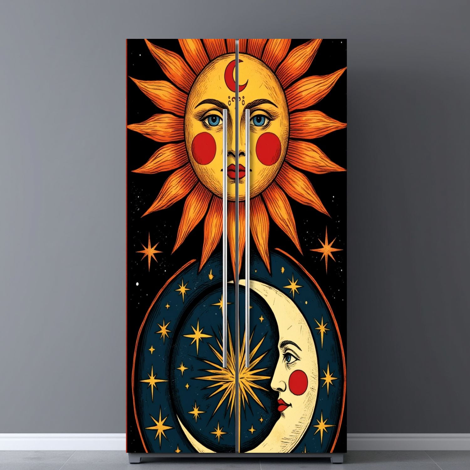 Self Adhesive Vinyl Refrigerator Wrap Set Celestial Sun Moon Stars Cosmic Elements Door Mural Removable Fridge Sticker Peel and Stick&nbsp;Full Door Cover Decal Kitchen Bar Decor