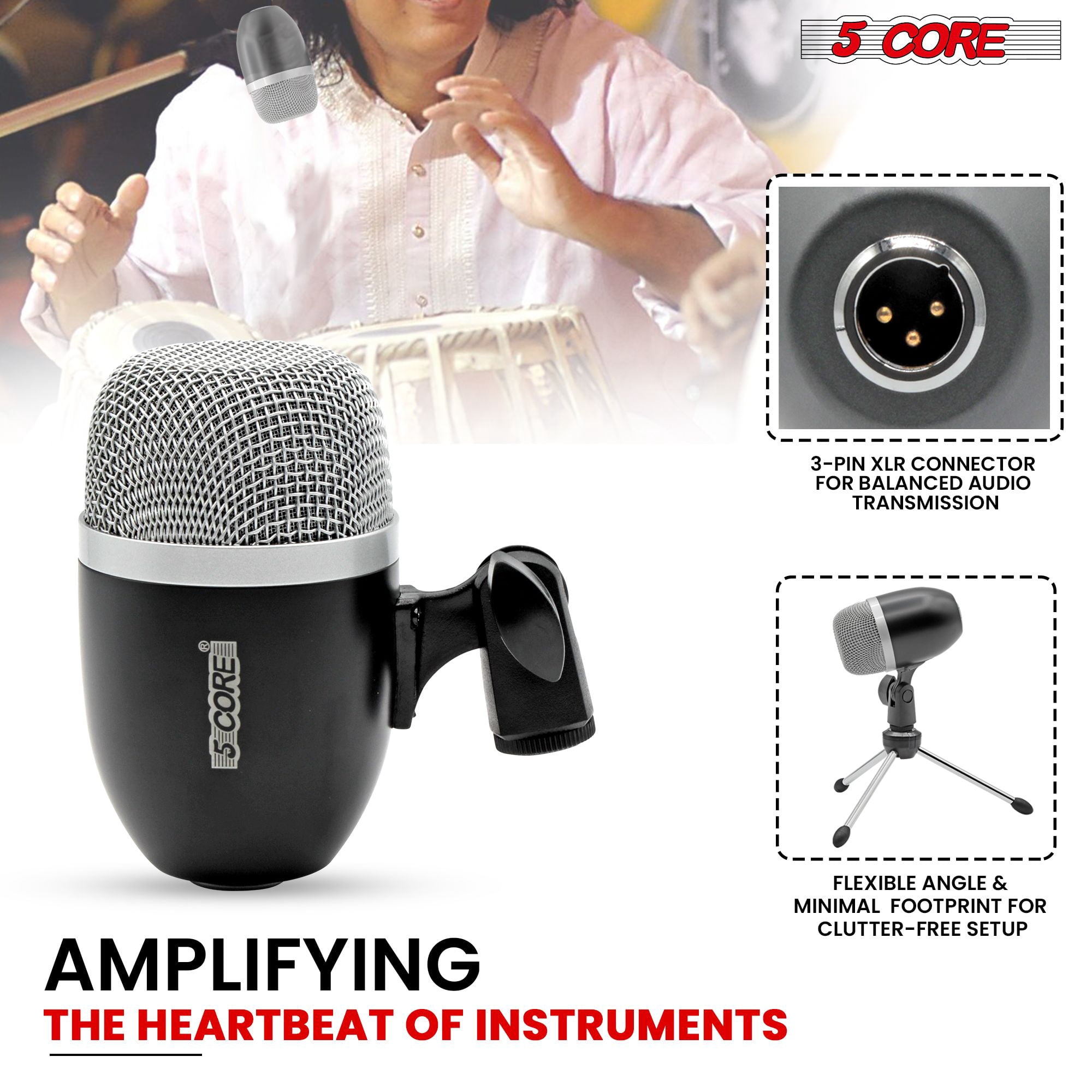 XLR Wired Cardioid Instrument Microphone for Tabla - Dynamic Moving Coil, Swivel Mount & Rim Clip Included
