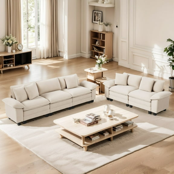 MF Studio Living Room Furniture Set, 3-Seat & Loveseat Sectional Sofa Set, Corduroy Cloud Couch with 5 Pillows, White