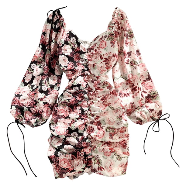 Vestido plisado Estampado floral Vestido sexy con cuello en V y manga de linterna en bloque de color, Rosa Methold AP001392-02B