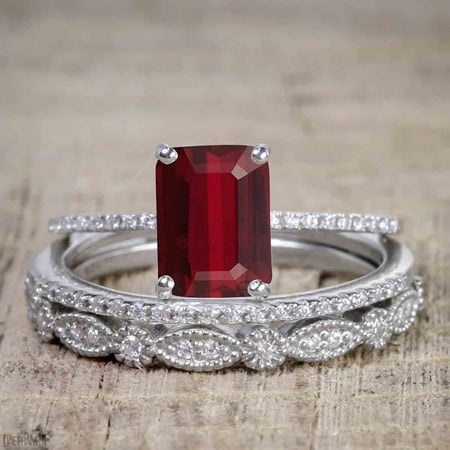 Square Cut Ruby Art Deco 1.5 Carat Emerald Cut Real Ruby and Diamond Wedding Trio Ring Set with Engagement Ring and 2 Wedding Bands in 18k Gold Over Sterling Silver ()