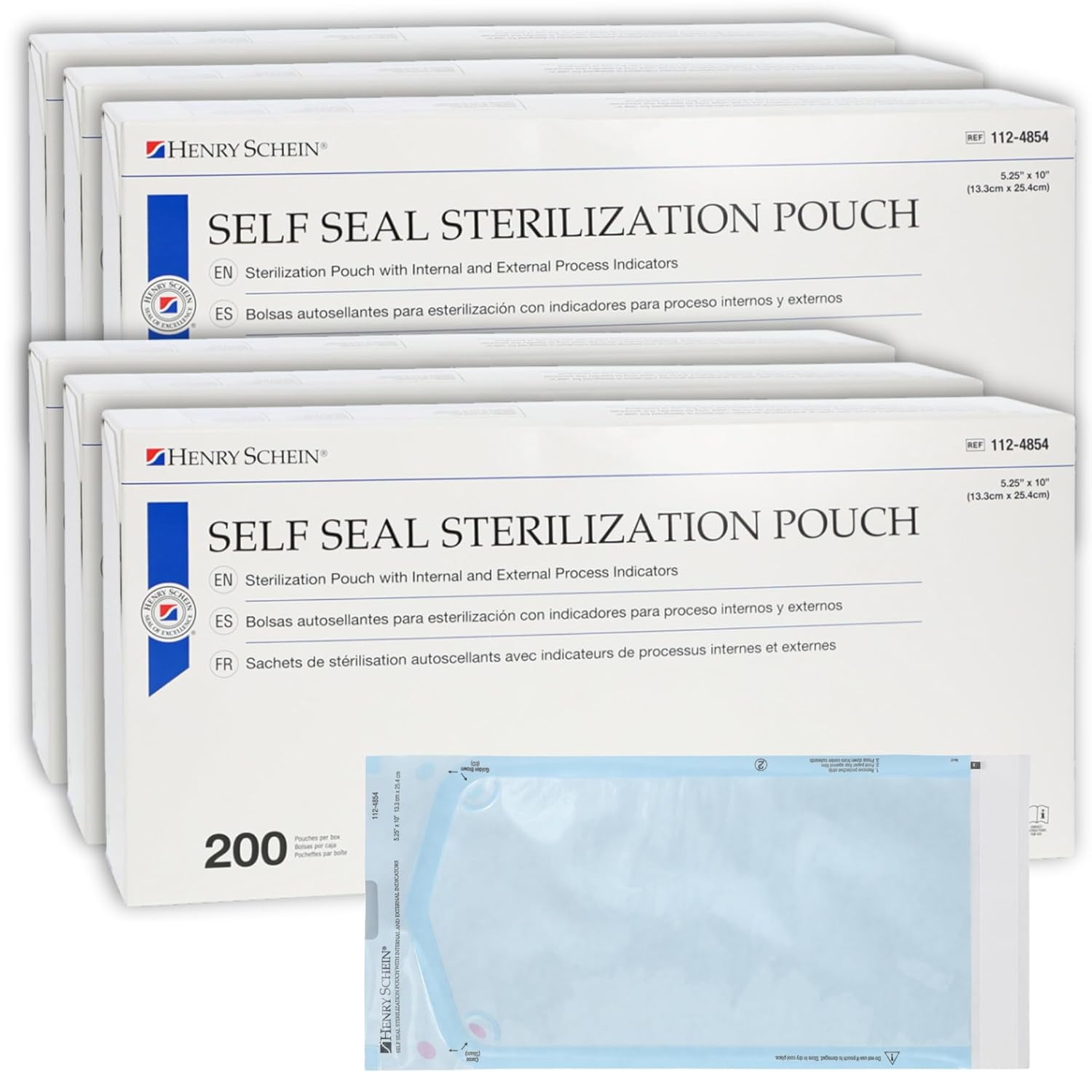 Self-Sealing Sterilization Pouches, Latex-Free, Built in Color Change Guide 5.25 in x 10 in 200/Bx, 6 Boxes/Case, 1200 Counts