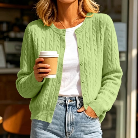 Aaihamo Women Fall Winter Long Sleeve Knitted Cardigan Open Front Button Down Casual Solid Blouse Sweater, Green L