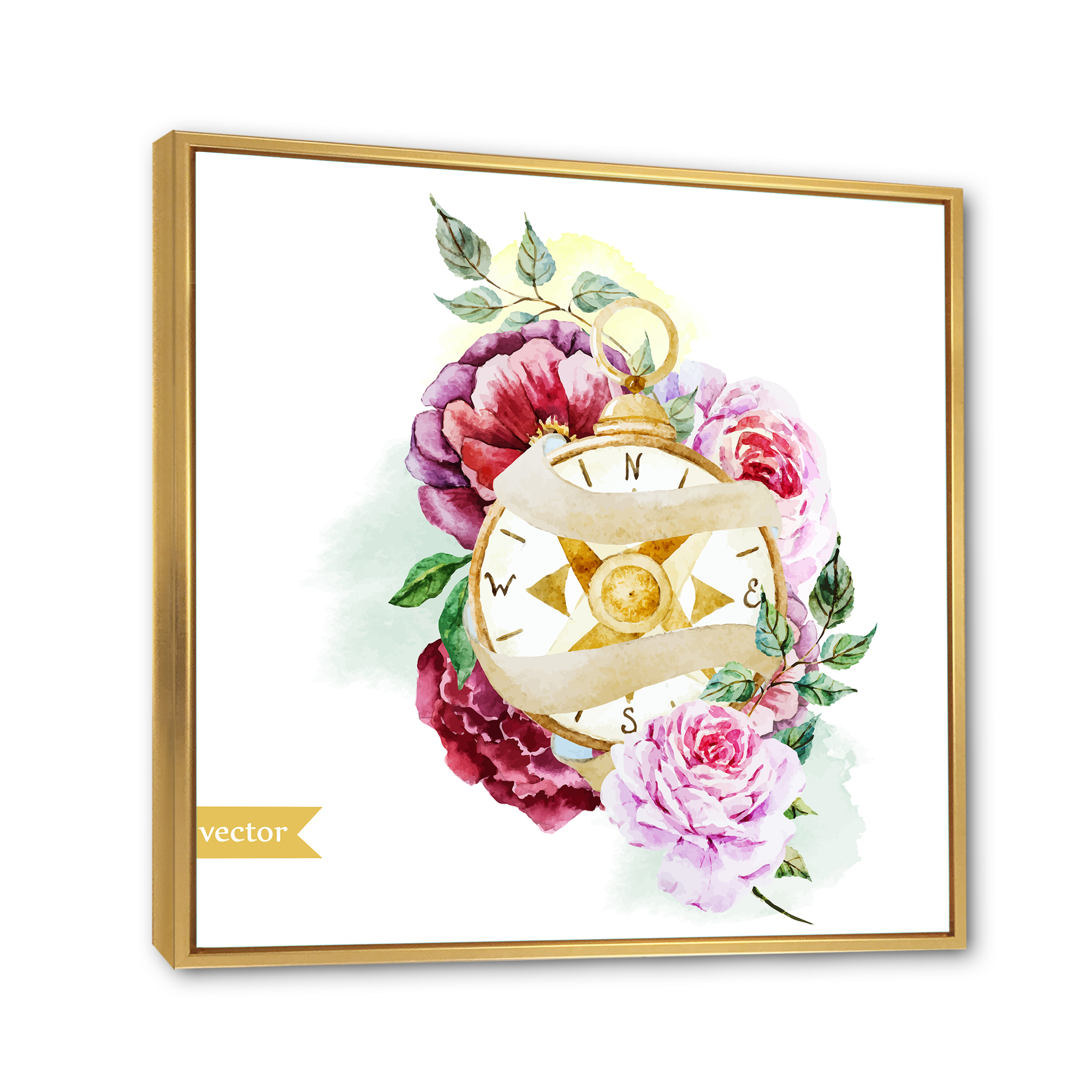Designart 'Compass Among Flowers' Traditional Framed Canvas Wall Art Print