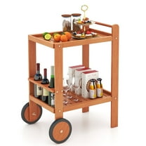 Gymax Wood Bar Cart 2 Tier Bar Trolley w/ Large Rubber Wheels & Wine Bottle Rack